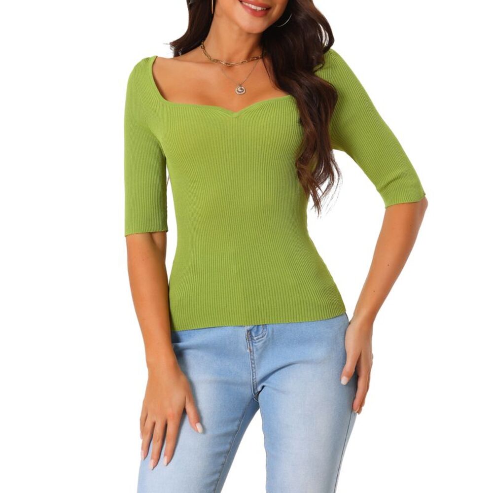 Half Sleeve T Shirt Ribbed Knit Slim Fit Square Neck Sweater Blouse Tops Green